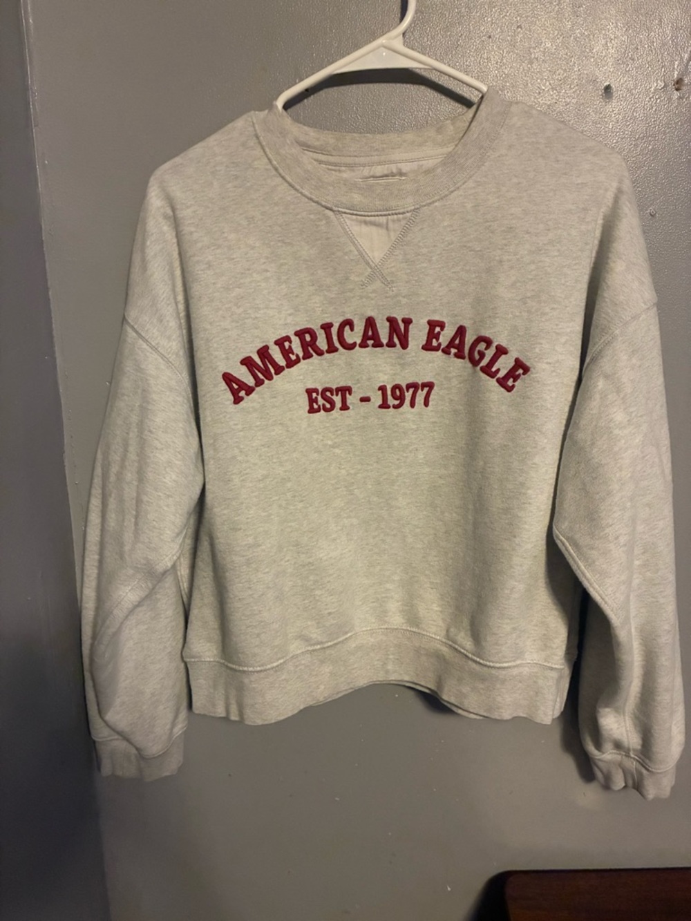 American Eagle Cream Crewneck Sweatshirt with Navy Label